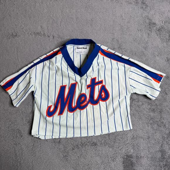 Sand Knit Other - Vintage 80s Sand Knit Mets Cropped Jersey Womens Pinstripe Baseball Top S/M